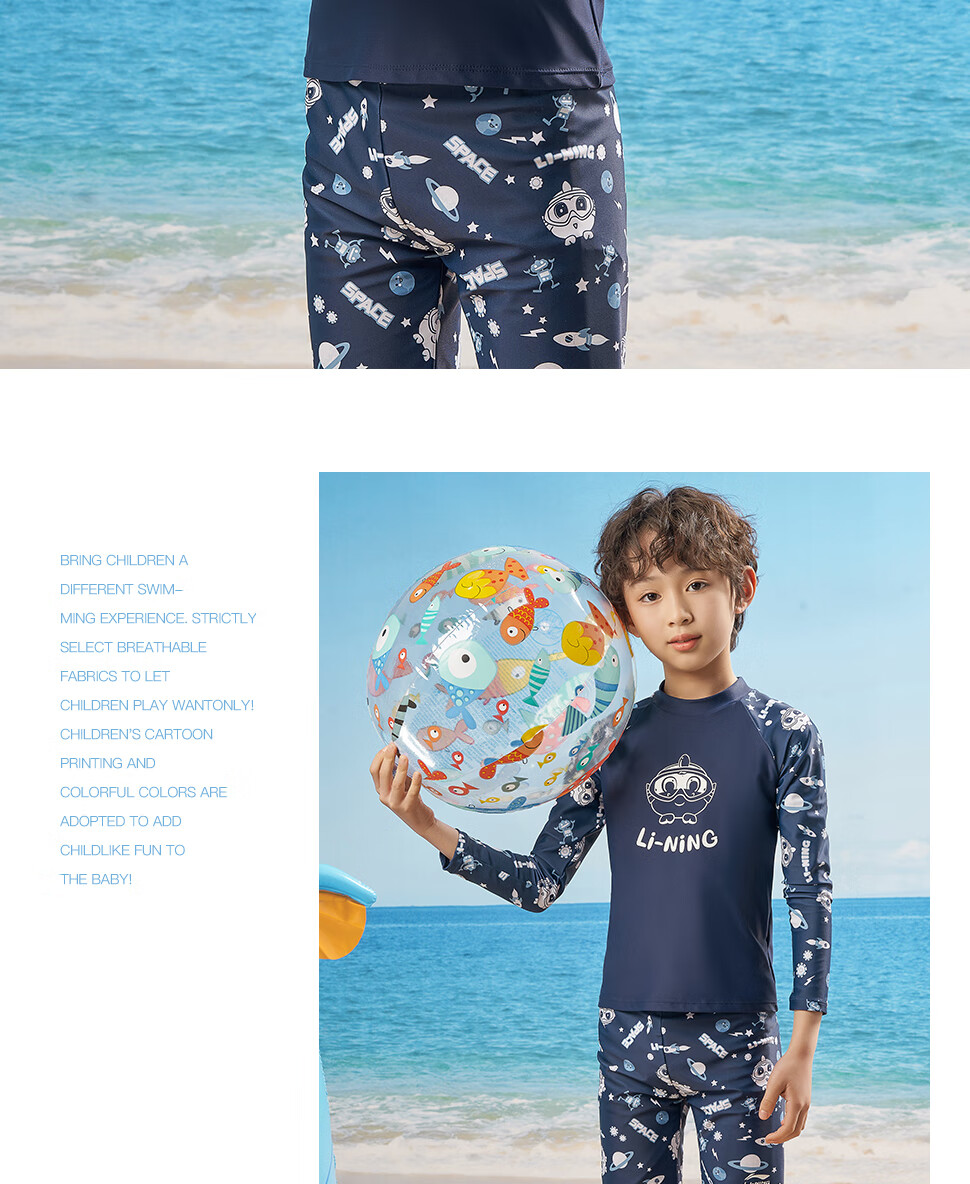 Li-Ning Children's Swimwear, Boys And Girls Two-Piece Long-Sleeve Surfing Suit, Professional Sun Protection, Breathable Quick-Dry Swimsuit, 908 Blue, Size 120 10