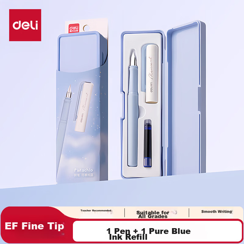 Deli EF Fine Nib Student Posture Correcting Fountain Pen Ink Pen with Case + Crystal Blue Ink Cartridge A932 EF Nib (Approx. 0.38mm)