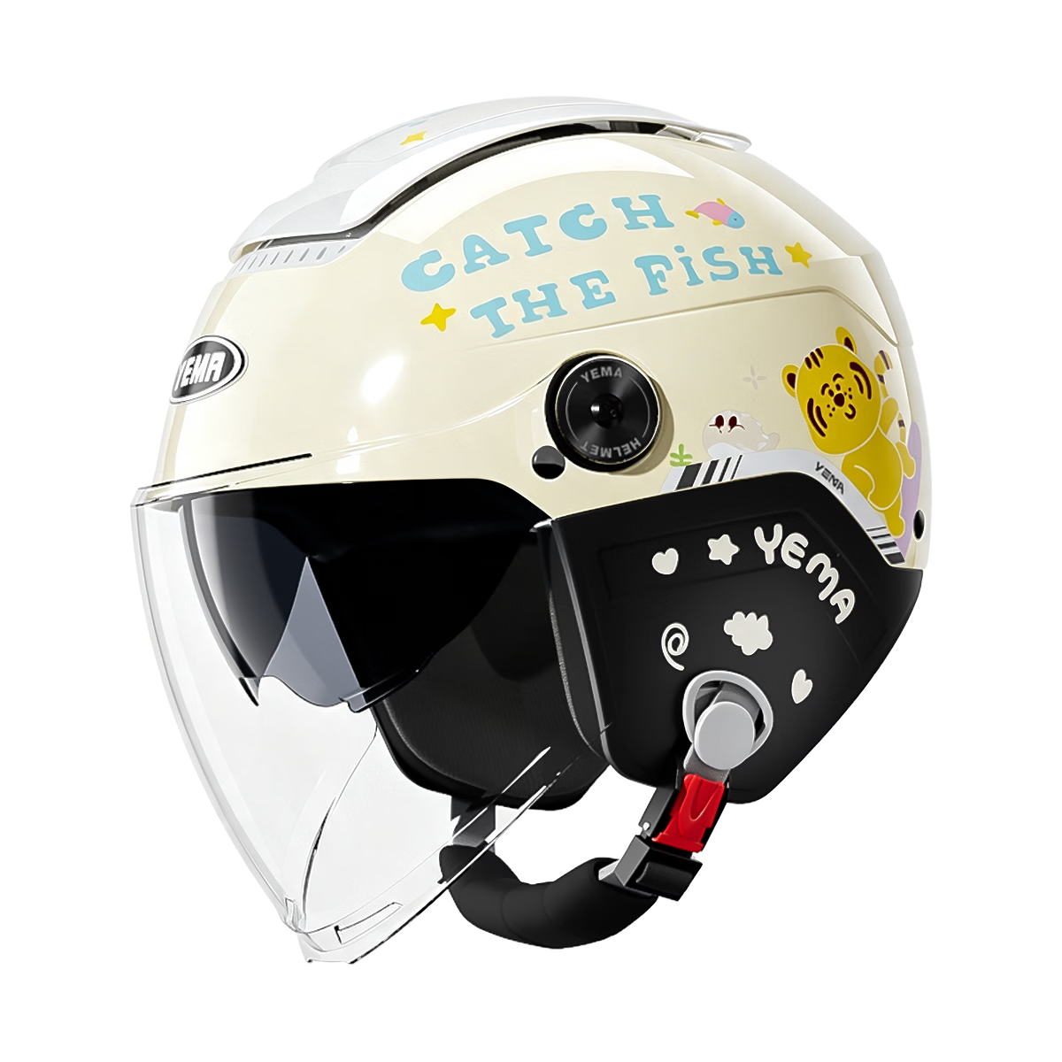 YEMA Kids Helmet 3C Certified Four-Season Universal Electric Vehicle Half Helmet for Boys and Girls, Electric Bike Motorcycle Safety Helmet for Ages 3-12, Model 252S Khaki White with Transparent Long 