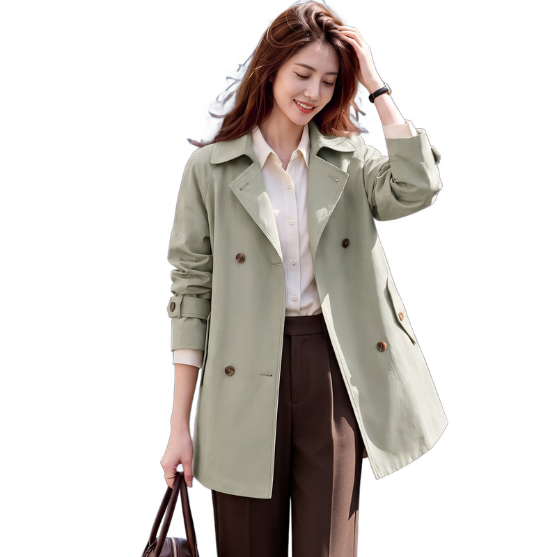 Chushen Spring And Autumn Casual Jacket for Women, Double-Breasted Windbreaker with Raglan Sleeves, British Retro Style Elegant Fashion Top S143U8002