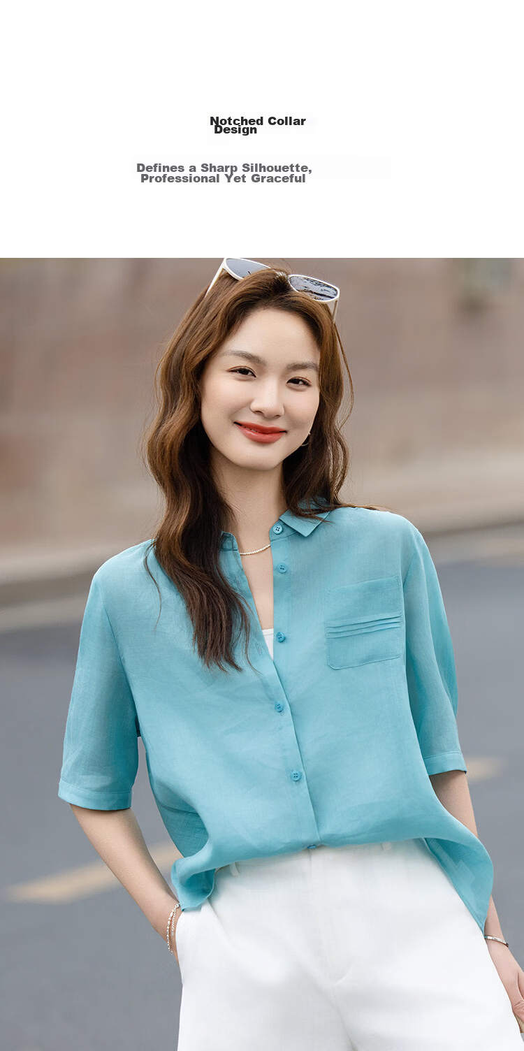 Demana [Ramie Lyocell Blend] Summer Elegant Small Turn-down Collar Pleated Patch Pocket Loose Slimming Shirt for Women High-end Feel 5