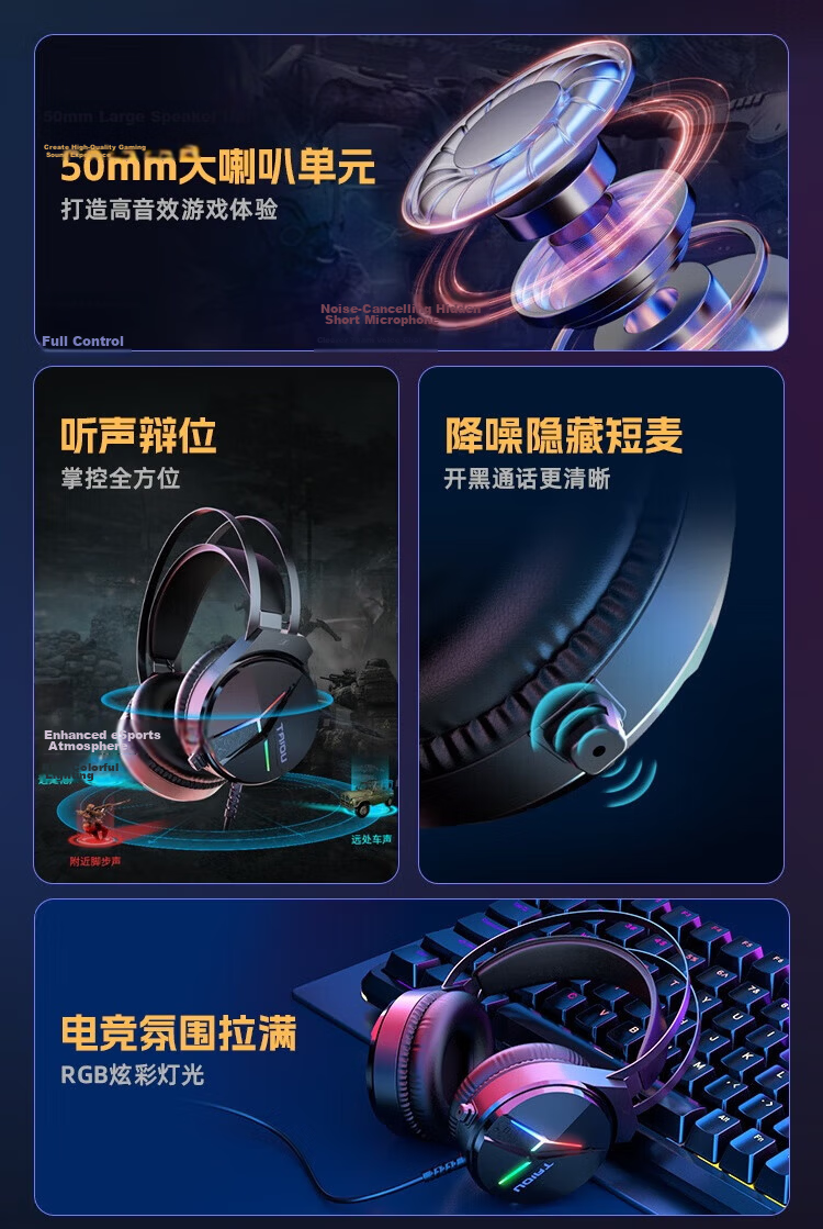 Taidu THS306 Phantom Dragon Eye Gaming Headset Wired USB 7.1 Surround Sound Wing-style Headband PUBG Delta Operation White Blue 6