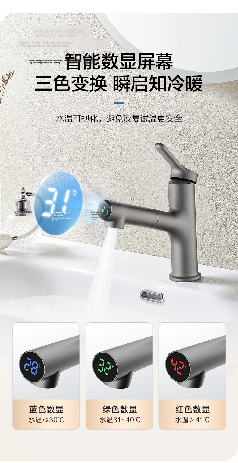 HEGII Basin Faucet Three-Function Wide Waterfall Pull-Out Lift Rotatable Hot and Cold Faucet DML906-115B 5