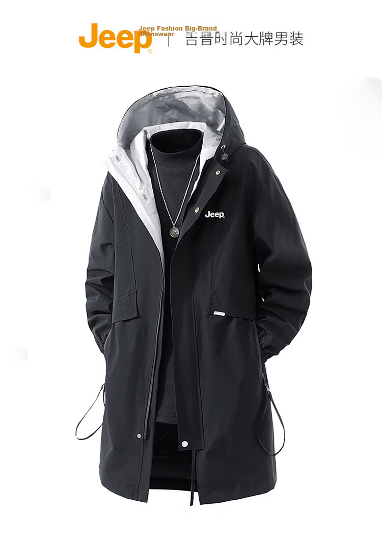 JEEP Men's Jacket Spring Autumn Windbreaker Hooded Casual Versatile Mid-Length Black 2XL 2