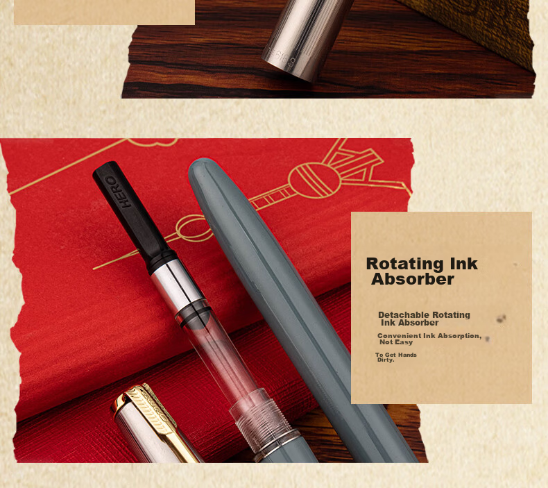 HERO Fountain Pen 616S, Metal Barrel with Hidden Nib, Classic Retro Upgraded Version, Midnight Red, EF Hidden Nib 13