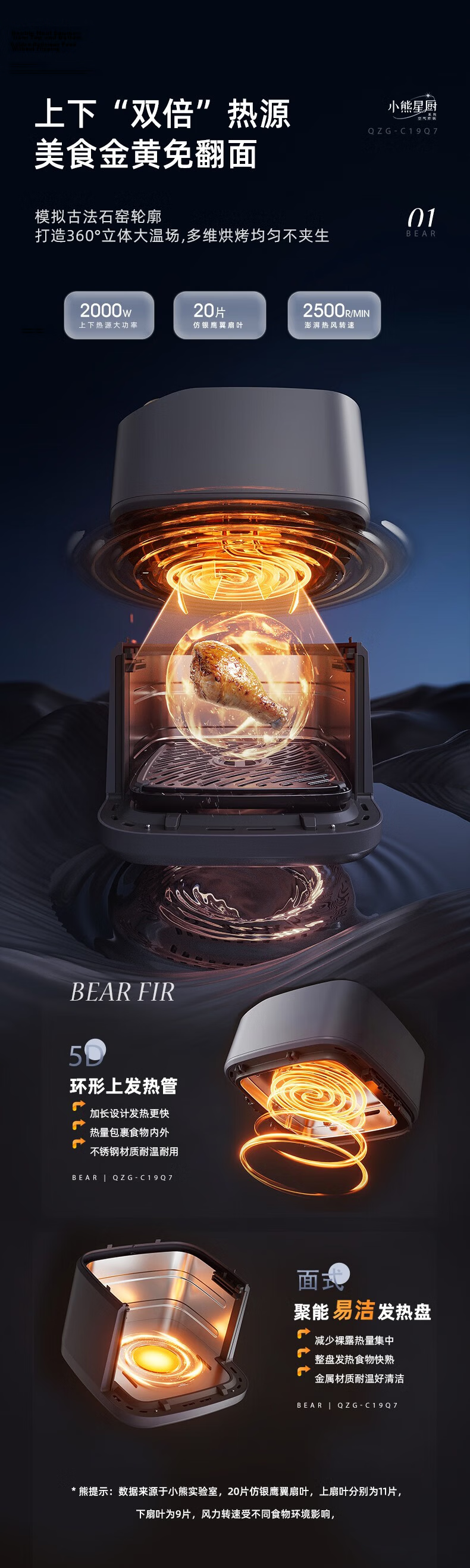 Bear Air Fryer, No Flipping Required, Dual-Speed Fan with Metal Interior, 6.2L Large Capacity for Home Use, Steam Tender Frying, Easy-To Visible All-In Fryer And Grill QZG-H16T5 5
