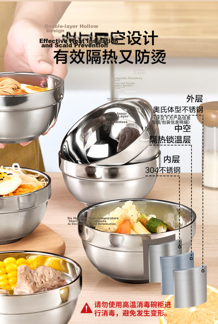 JD Original 304 Stainless Steel Bowl, Large Double-Layer Insulated Soup Bowl, Noodle Bowl, 18CM Ramen Bowl, Salad Bowl 5