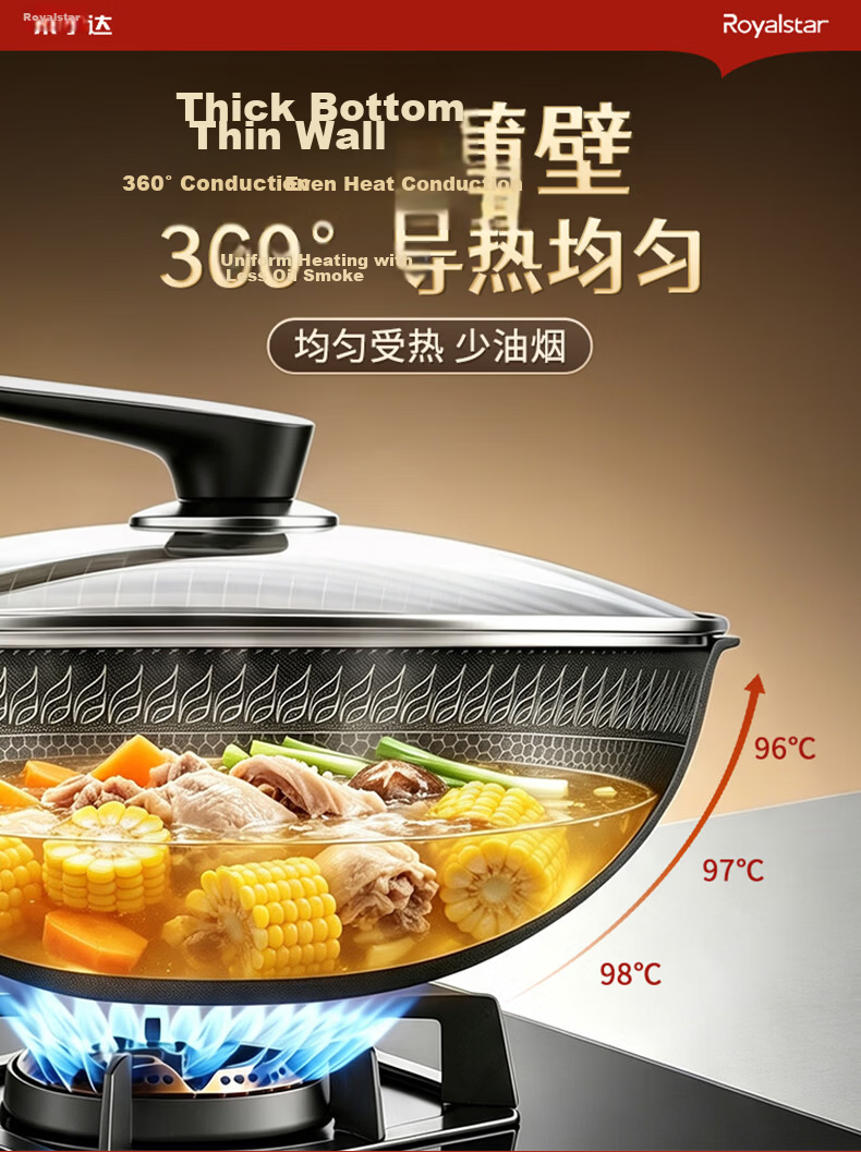 Royalstar Titanium Non-Stick Wok 304 Stainless Steel Household Frying Pan Flat Bottom Skillet Compatible with Induction Cooker and Gas Stove 11