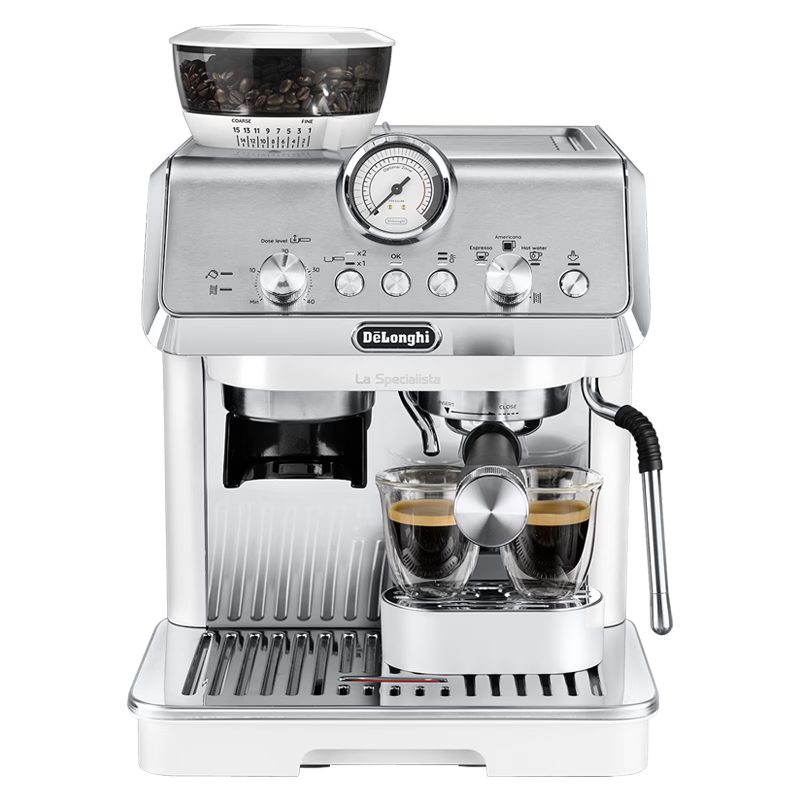 Delonghi Coffee Machine, Semi-Automatic Silver Knight, Italian And American-Style Home Use Integrated Grinder And Espresso Maker, Visible Pressure Manual Milk Frother, EC9155.W White Gift