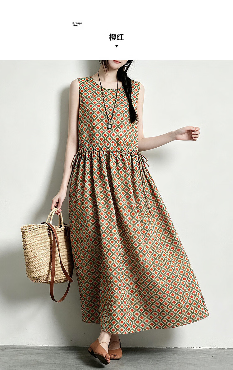 Demana [Artistic Forest Girl] Summer Ethnic Style Printed Round Neck Sleeveless Drawstring Slim Fit Dress for Women Premium Quality 18