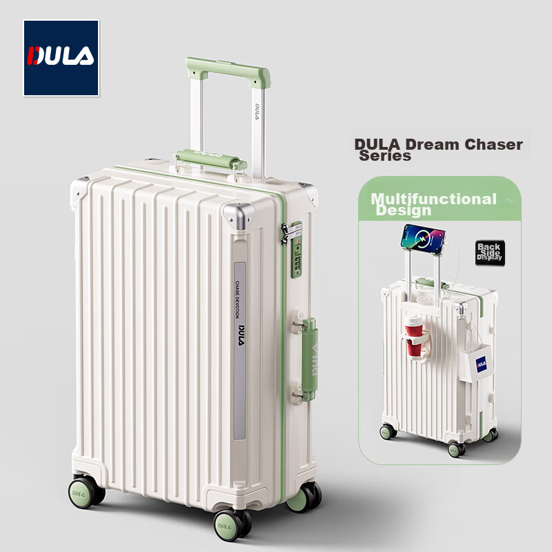 DULA High-Style Multifunctional Luggage with Cup Holder USB Trolley Travel Suitcase Password Lock Fresh White Green 20 Inch