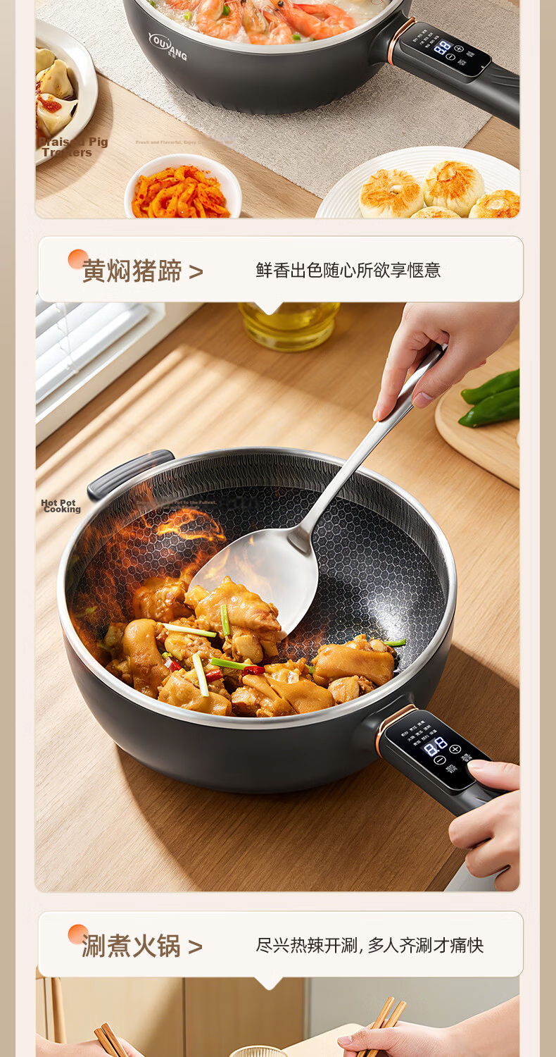 Youyang Electric Frying Pan Multi-Functional Electric Cooker 4.5L Honeycomb Crystal Pattern with Steamer Basket 10