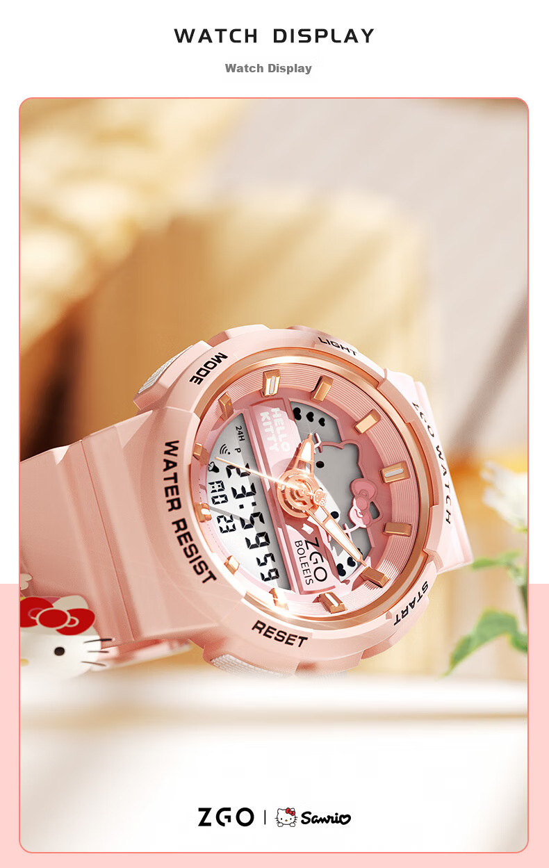 Hello Kitty Student Watch for Girls, Dual Display Sports Electronic Waterproof Luminous Kids Watch, Sanrio 16