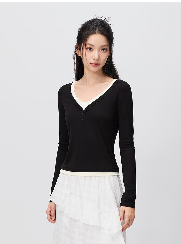 Semir Women's Long Sleeve T-Shirt 26 Autumn Short Slim Fit V-Neck Color Block Faux Two-Piece Top 109526101006 37