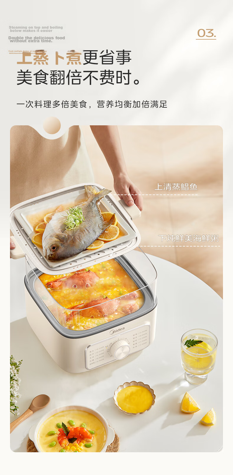 Midea Multi-Functional Electric Steamer Pot with Stewing, Steaming And Boiling Functions, Non-Coated Stainless Steel Detachable 19L Large Capacity Three-Layer Cooker ZGS352302 7