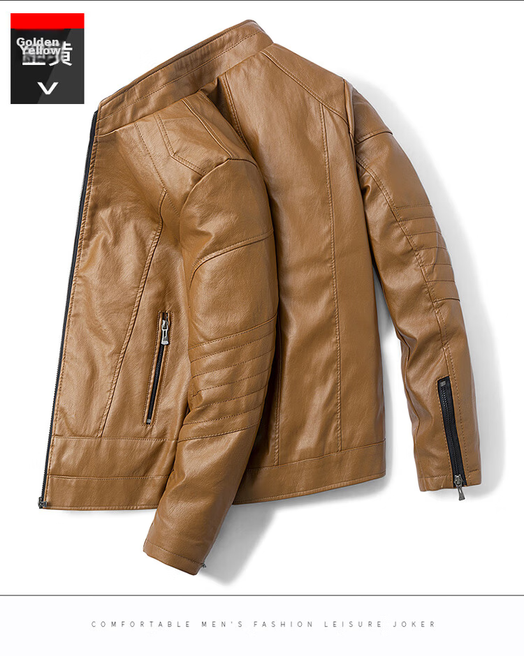 JEEP SPIRIT Men's Leather Jacket, Men's Spring and Autumn Stand Collar Business Biker Jacket, Black, XL 13