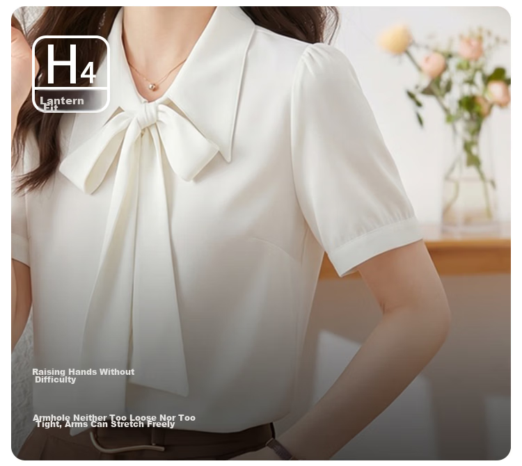 Jeanswest Women's Summer Shirt with Ribbon Tie, Formal Wear, Premium Inner Layer, Interview and Professional Commuting Top, White Short Sleeve, 2XL 7