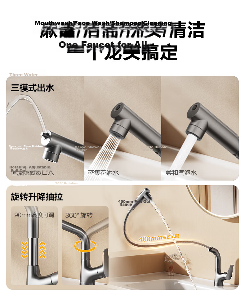 JOMOO Bathroom Basin Faucet Dual Control Hot and Cold Water Lift Pull-Out Gunmetal Gray 32399 Upgrade 6