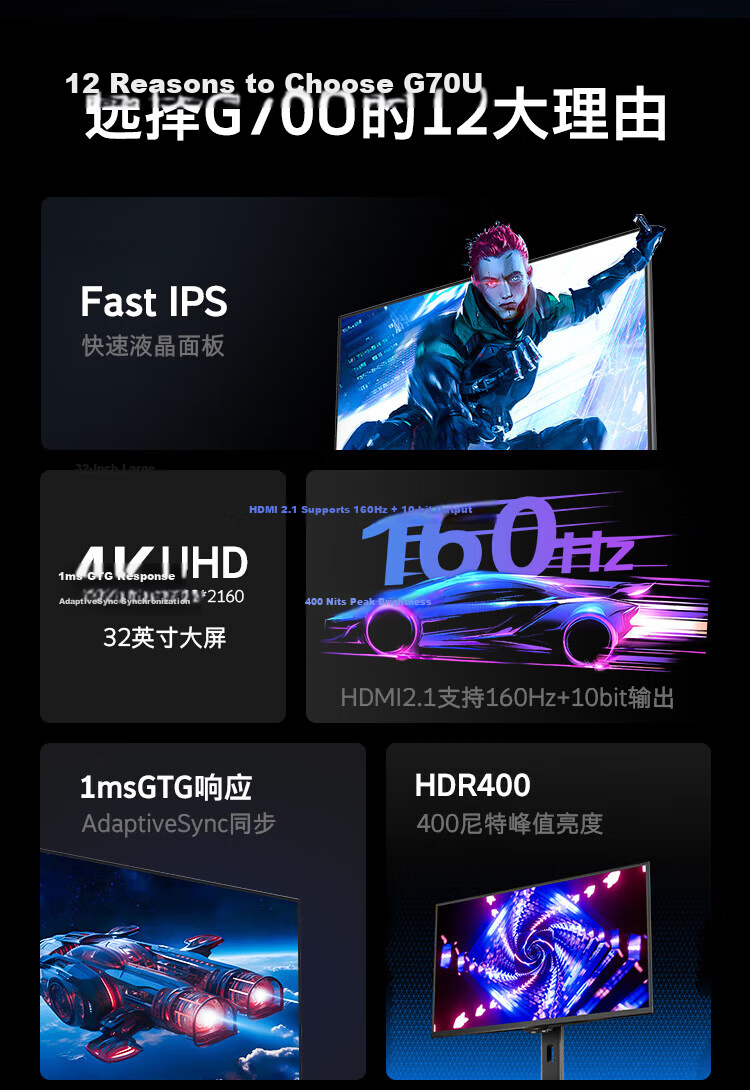 Skyworth 32-inch 4K 160Hz Gaming Monitor Fast IPS 1ms 10.7 Billion Colors HDR400 TÜV Low Blue Light Computer Display F32G70U 2