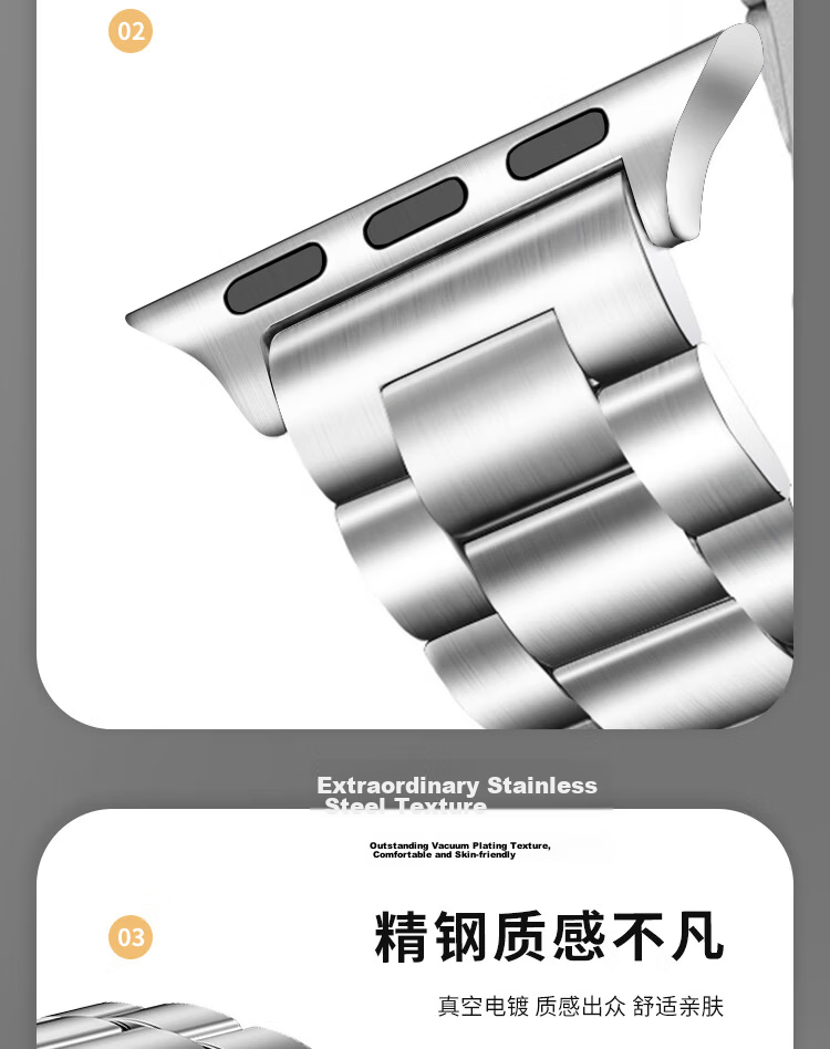 MSSM Compatible Apple Watch Band Metal Stainless Steel iWatch Band S11/Ultra3/S10/9/SE3 Apple Three-Link Stainless Steel Band - Graphite Black 41/40/38MM 7