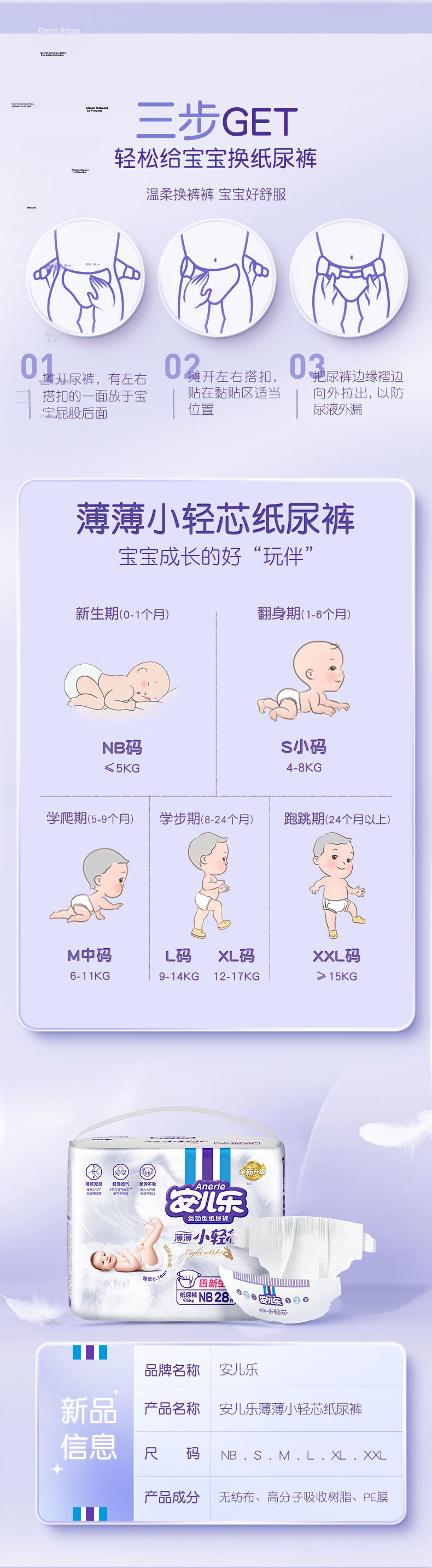 Anerle Lightweight Core Diapers L3 Pack (9-14kg) Baby Ultra-Thin Breathable Trial Pack 7