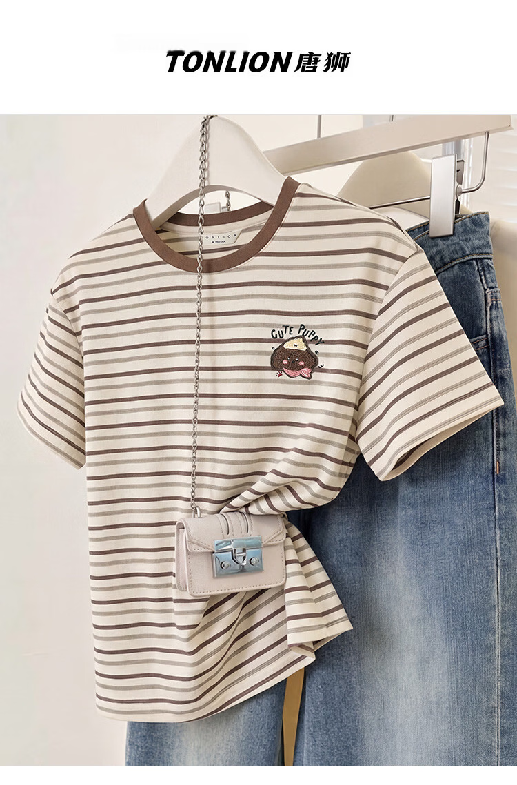 TonLion 2026 Summer New Women's Short Sleeve T-Shirt Casual High-End Summer Striped Loose Top 1
