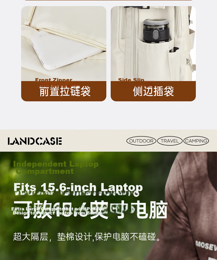 Landcase Backpack Travel Bag Women Large Capacity Double Shoulder Bag Men Short Trip Multi-functional Laptop Bag 5162 Beige Small Size 14