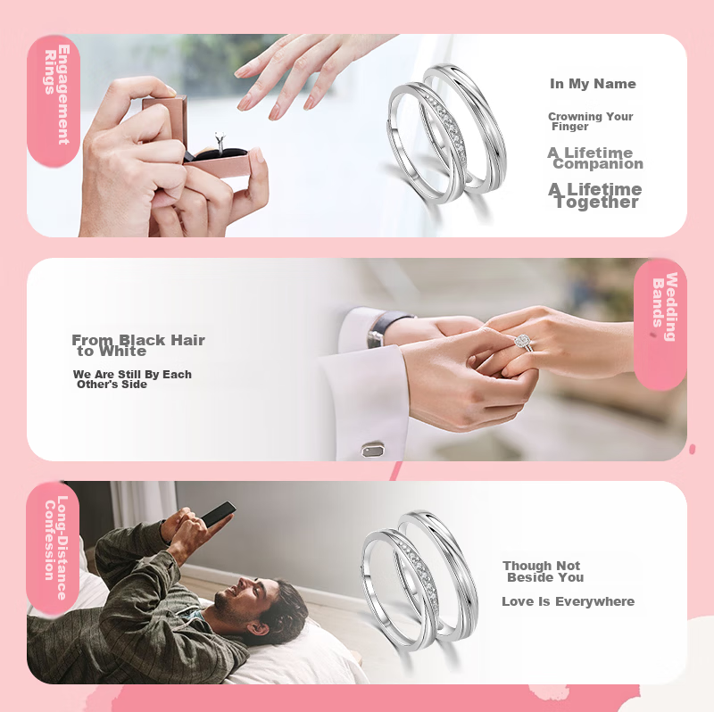 MANHE S999 Pure Silver Couple Rings Set Engagement Diamond Ring Adjustable Women's Tail Ring Valentine's Day Gift 2