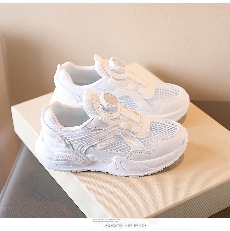 Warrior Summer Children's Running Shoes with Rotary Buckle, Breathable Mesh White Sneakers WZ(CL)-0672 White Size 34 9