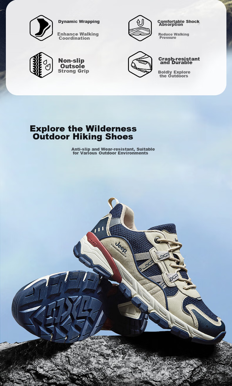 JEEP Hiking Shoes for Men, Outdoor Sports Shoes, Anti-Collision Wear-Resistant Shock-Absorbing Running Shoes, Non-Slip Mountaineering Boots for Men, Dark Blue, Size 42 2