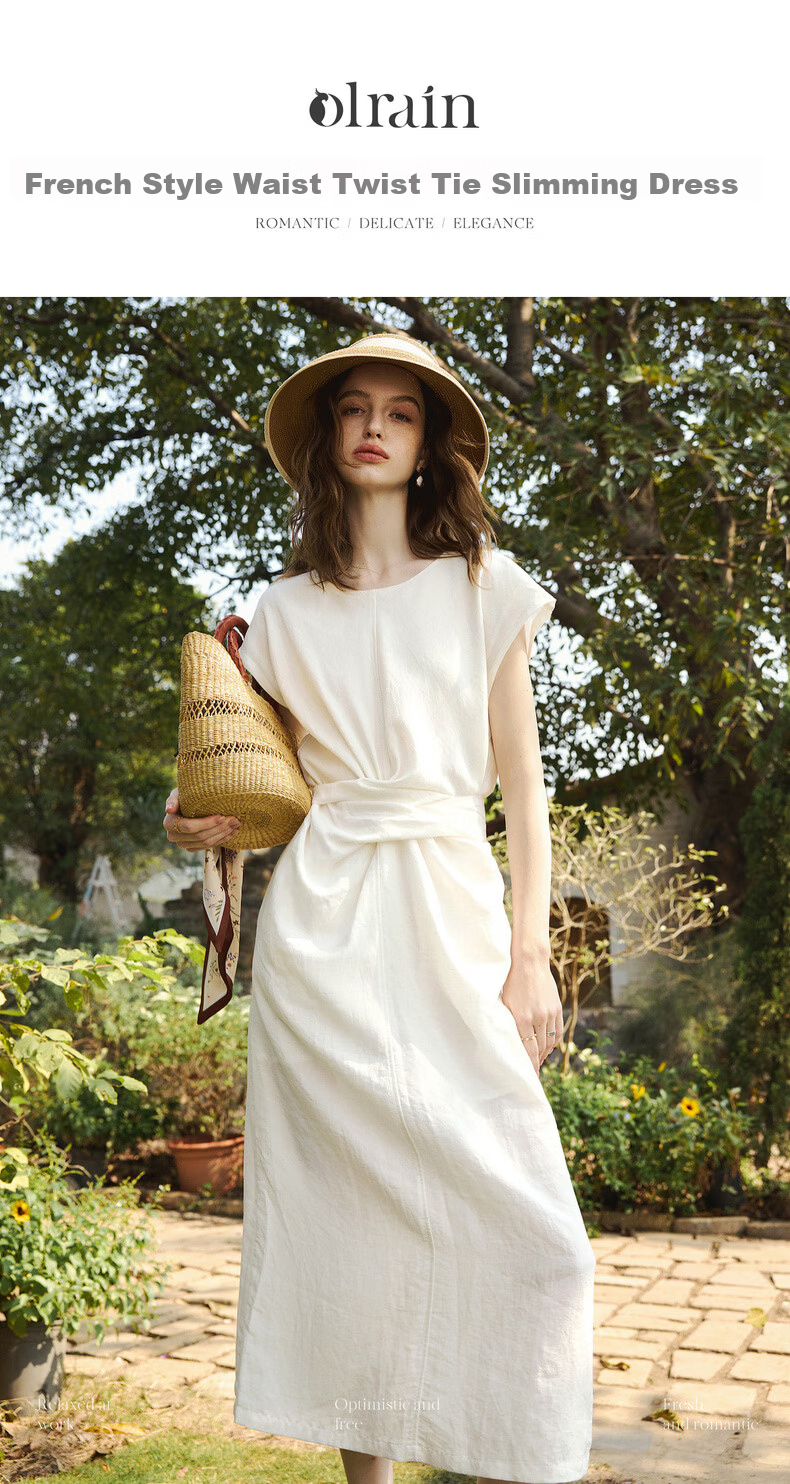Olrain Lyocell Linen | Olrain Summer Women's Dress French Style Tie Dress Off-White L 1