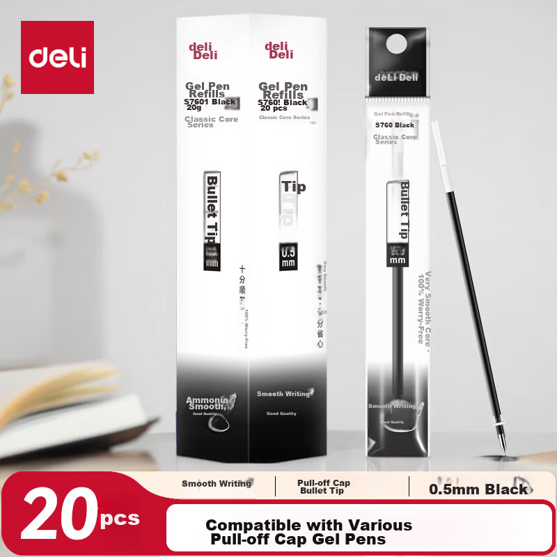 Deli 0.5mm Cap-Removable Gel Pen Refills Bullet Tip Black Ink 20pcs/Box S760 Exam Essential