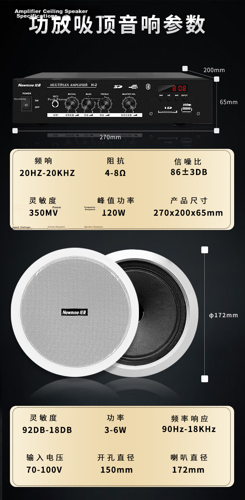 Newmine R15 Ceiling Speaker One-to-Four Set Bluetooth Constant Voltage Amplifier for Shop Restaurant Home Living Room Background Music Public Address Ceiling Speaker 14