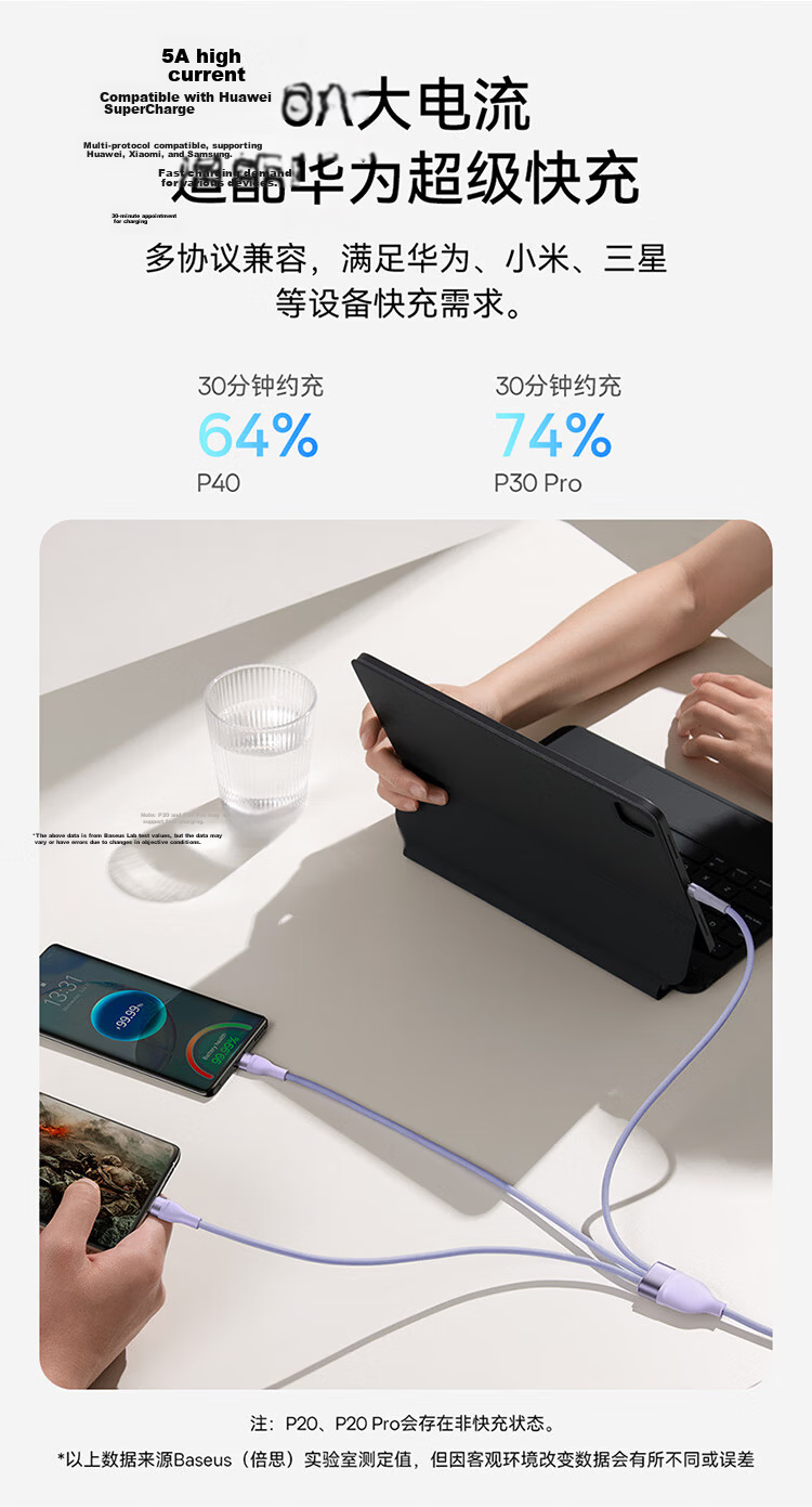 Baseus 3-in-1 Fast Charging Cable PD Type-C Charger Cable for Huawei Mate60 Pro iPhone 17/16/15/14 Pro Max Mobile Phone Computer Charger Cable Blue 9