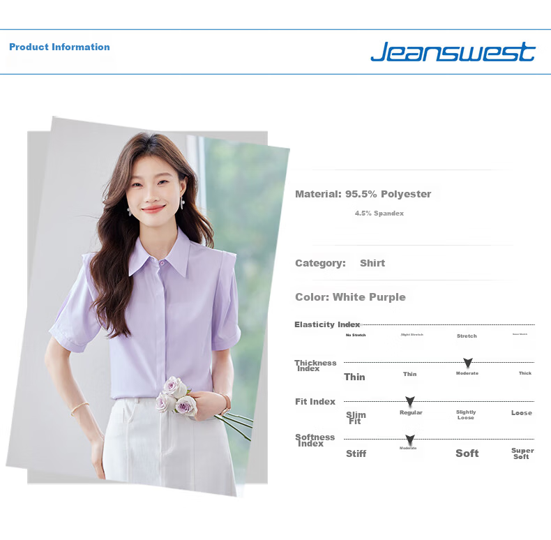 Jeanswest Women's Short Sleeve Shirt Summer College Style Slim Fit Formal Versatile Elegant White S 7