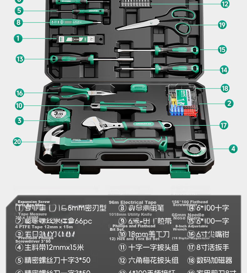 GREENER Household Toolbox Set 130-Piece Electrical, Carpentry, Telecom Maintenance Hardware Hand Tool Kit 7