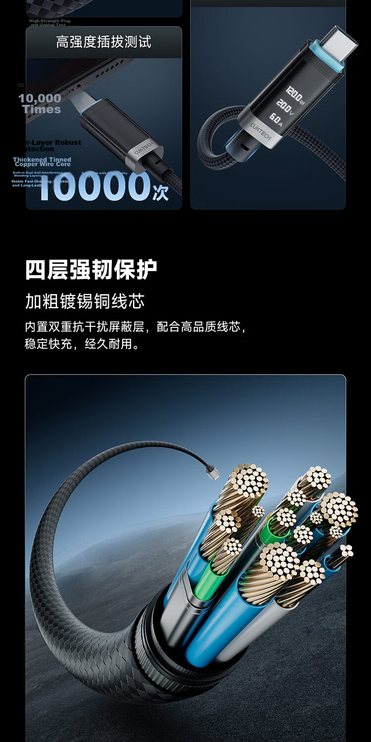 CUKTECH CoolState No.6 Magnetic Digital Display Power Cable 240W Type-C Braided 6A Fast Charging Cable Compatible with Apple 17/16/iPad/Laptop/Xiaomi/Huawei 10