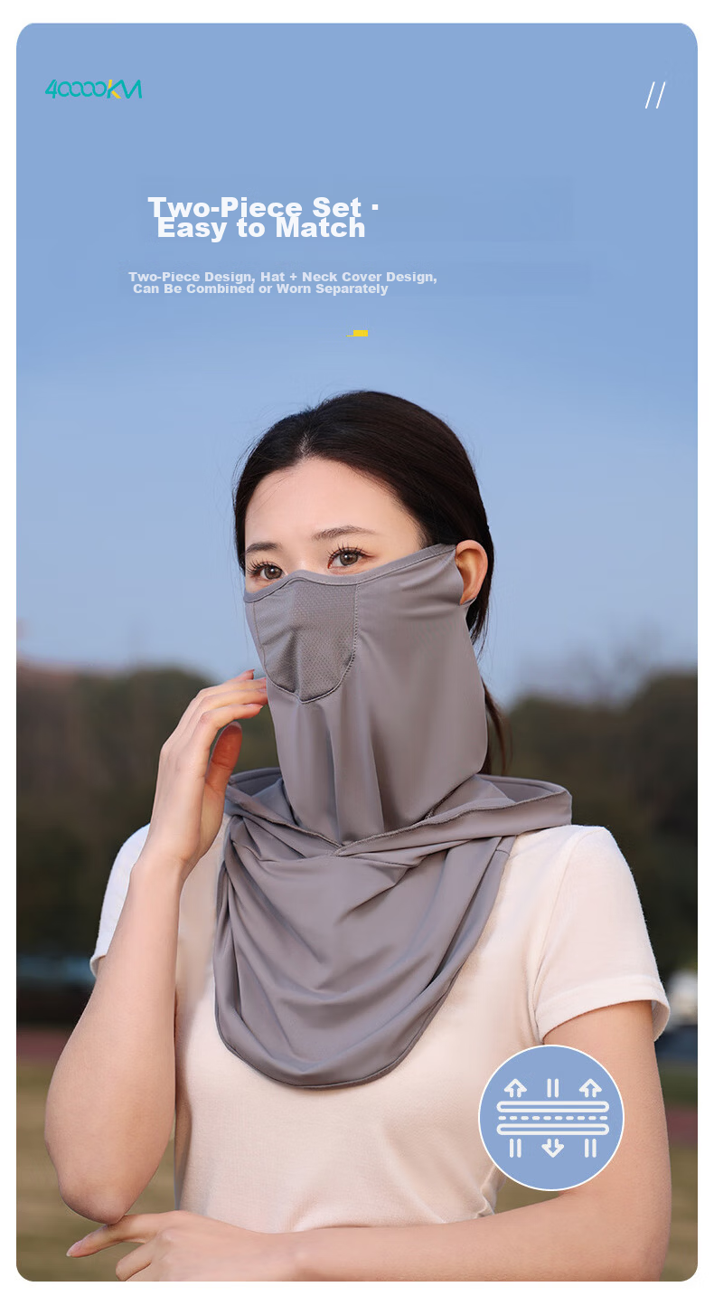 40,000 KM Summer Sunscreen Face Mask for Women UV Protection Neck Guard Cycling Breathable Light Gray Two-Piece Set 11