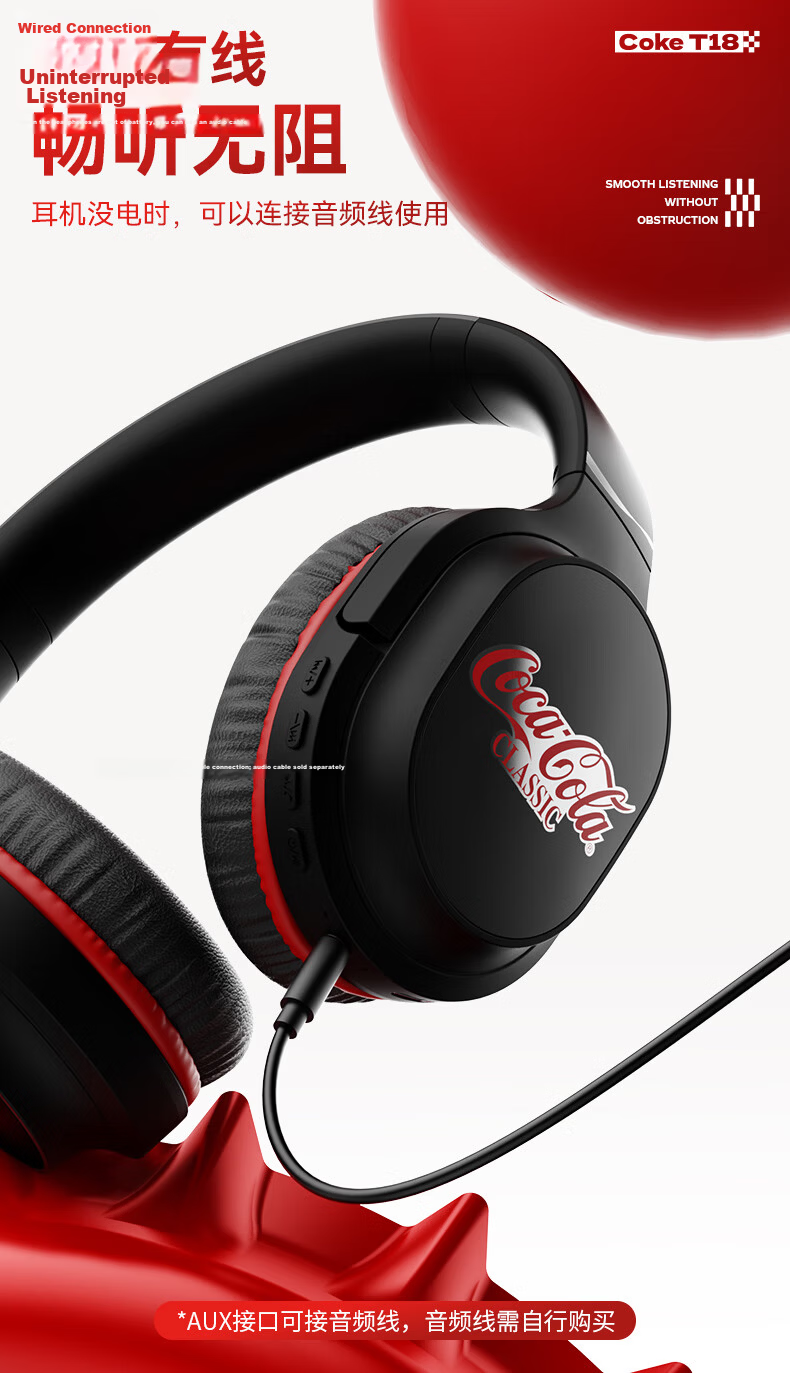 Coca-Cola T18 Bluetooth Headphones Over-Ear Gaming Sports Running Wireless Earbuds Long Battery Life 2026 Latest Model Unisex Student Gift Compatible with Apple Huawei Xiaomi 10