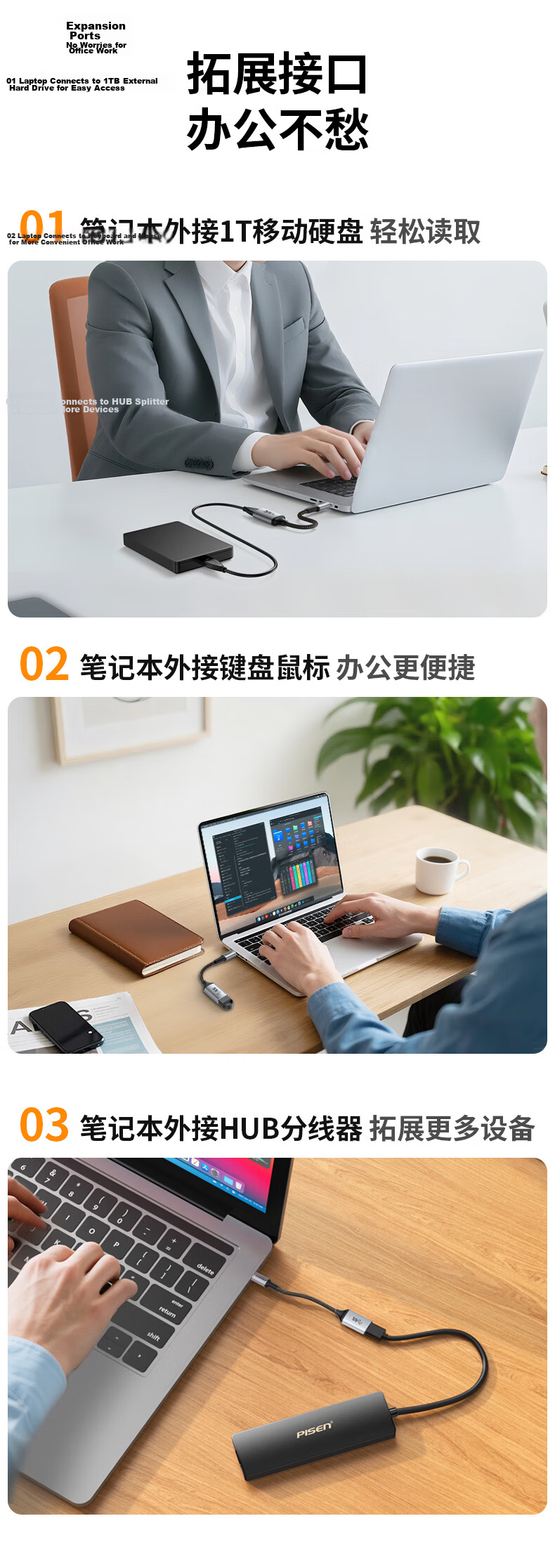 Pisen Type-C to USB 3.2 Adapter OTG Data Cable for Apple iPhone 17/16/15 Huawei Phone Charging Cable Car U Disk Tablet Laptop Headset Keyboard Mouse 3