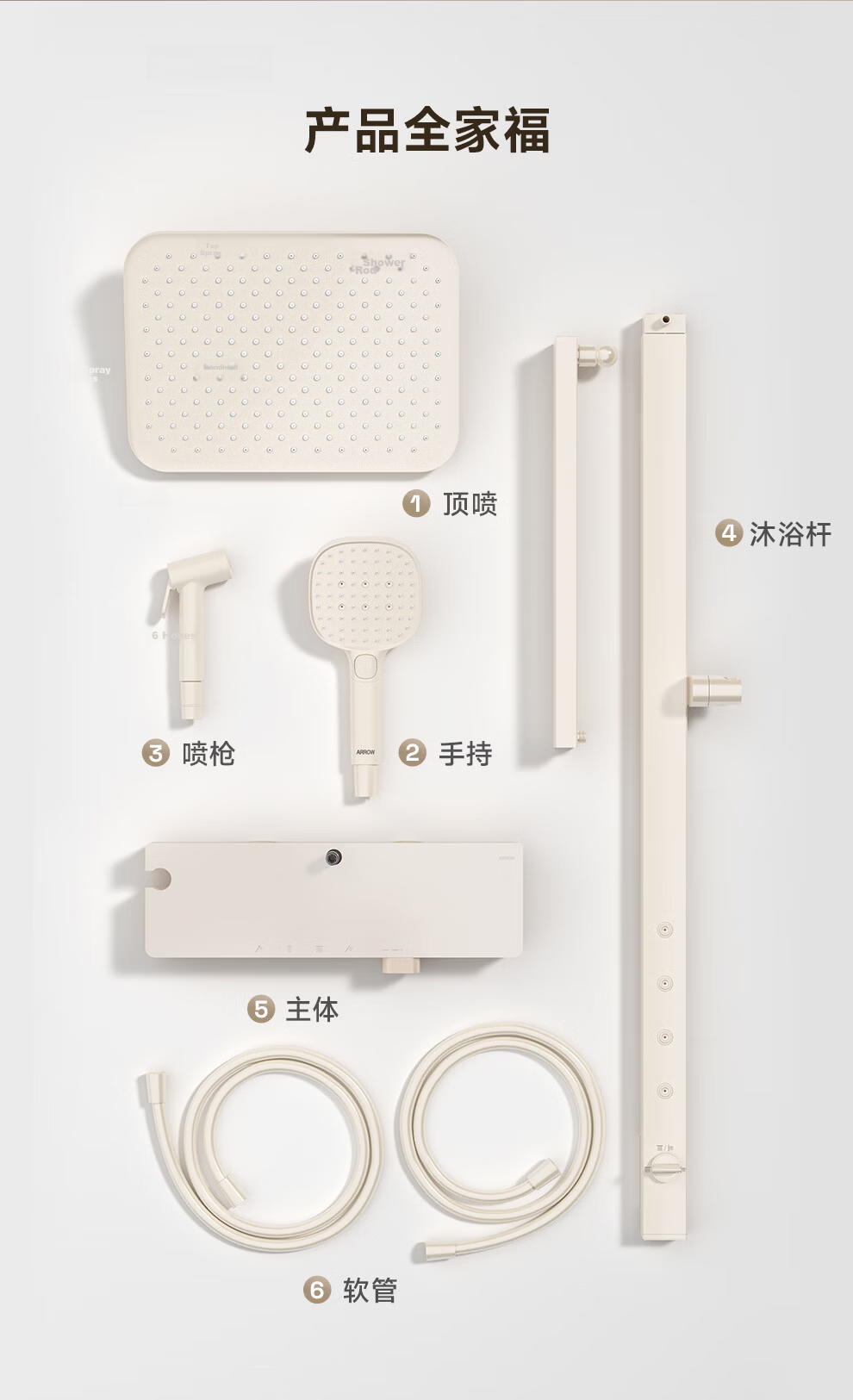 ARROW Rongyi Shower Head Square Handle Shower System, Large Top Spray Bathroom Faucet, Fine Copper [Renovation Subsidy 15%] 41