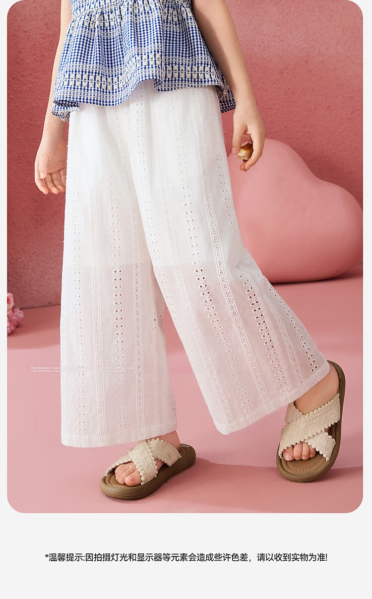 ASK JUNIOR Cotton Kids Summer Hollow Lace Embroidered Straight Leg Breathable Long Pants for Girls and Teens 10