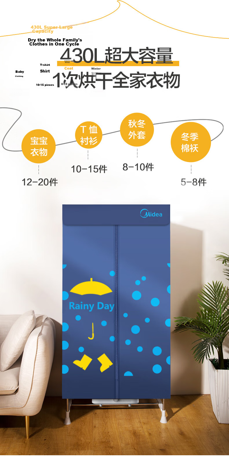 Midea [Foldable And Easy to Store] Clothes Dryer, Home Use Baby Clothes Care Machine, Dehydrator, All-In Clothes Moisture Removal Storage Portable Dryer HBGJ15C1 3