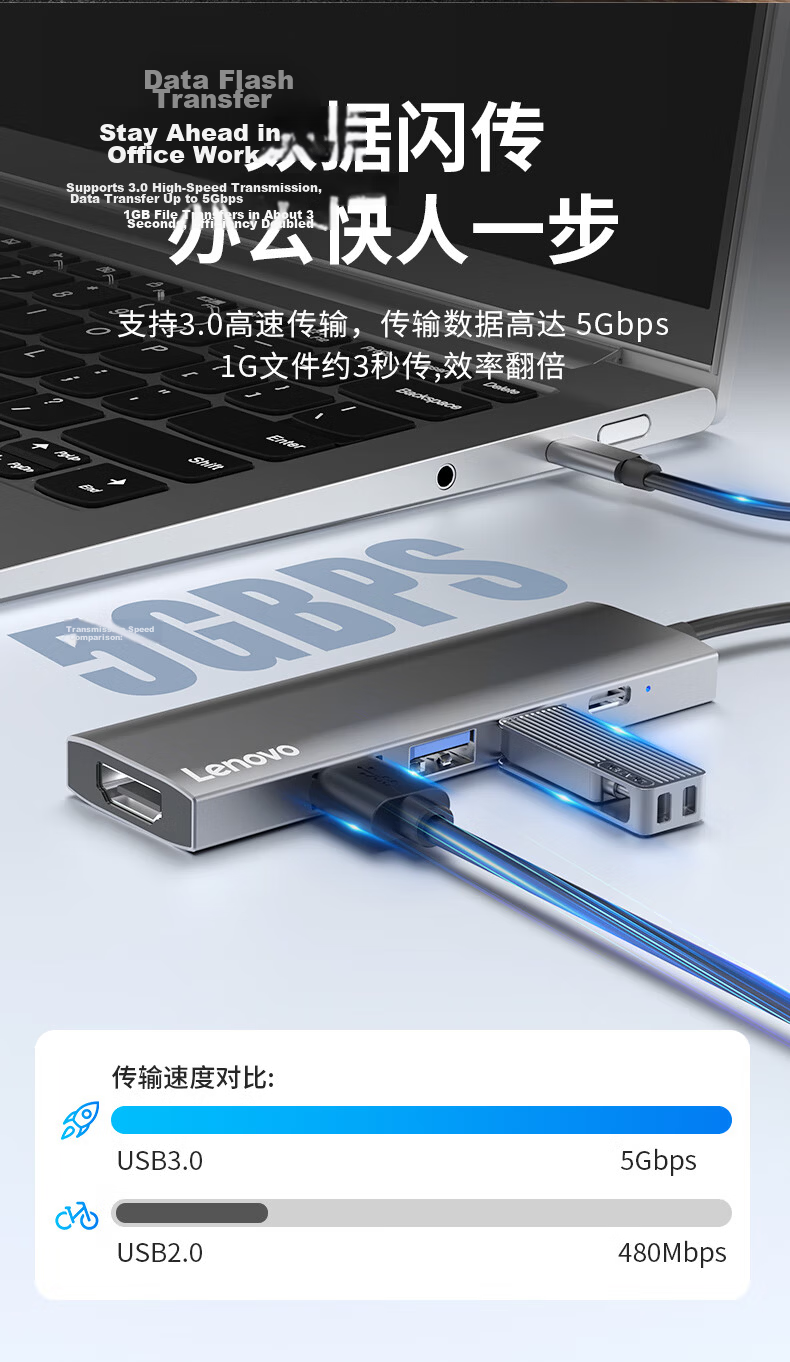 Lenovo Type-C Docking Station to HDMI Cable Hub 4K30Hz Screen Mirroring PD Fast Charging Compatible with Desktop Laptop Expander Hub 9
