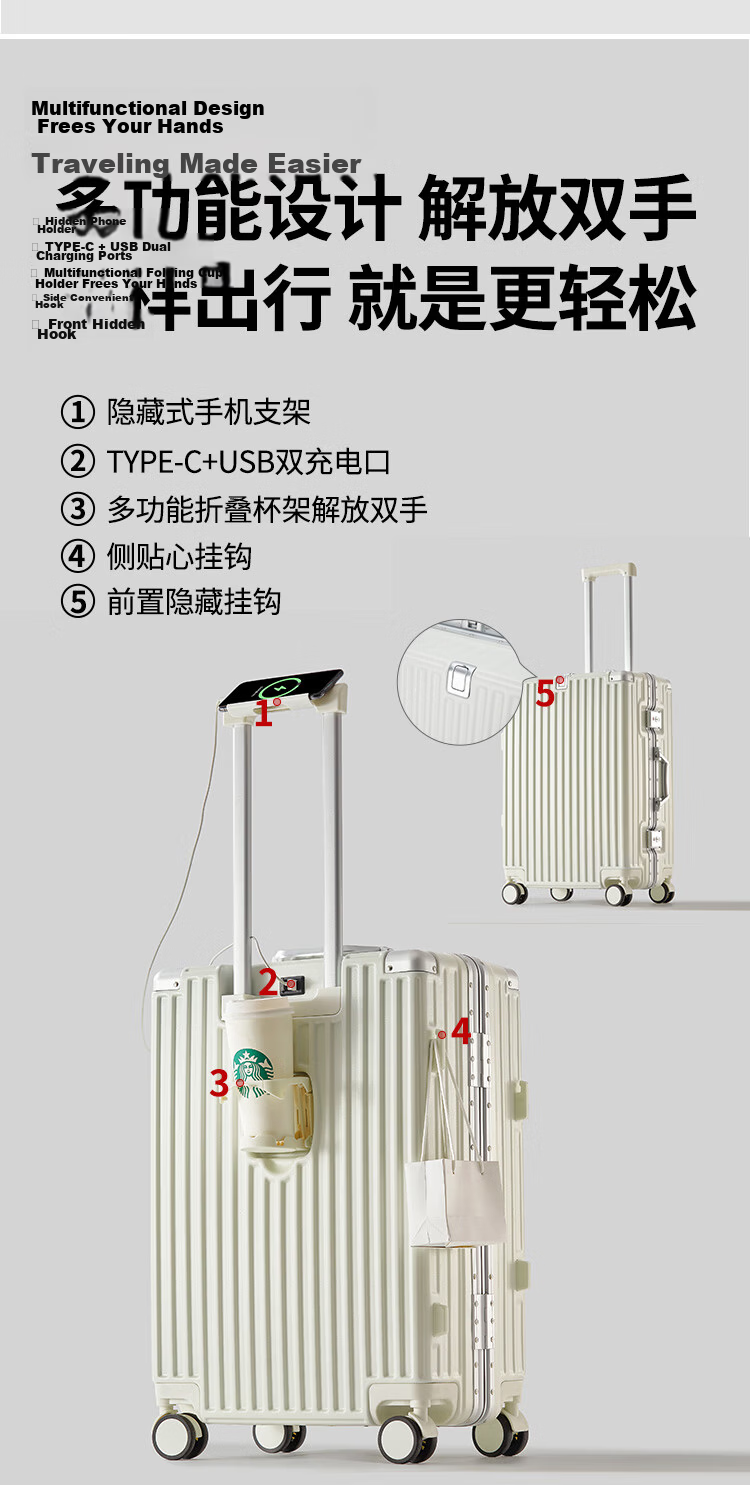 Jingsu Aluminum Frame Luggage 20-inch Multifunctional Travel Suitcase for Men and Women, Carry-on with Password Lock, Smoke White 4