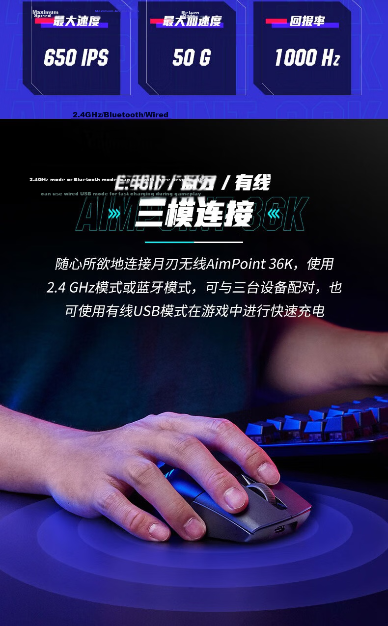 ROG Moonblade Wireless AimPoint 36k Sensor Moonblade AP Wireless/Bluetooth Gaming Mouse ROG Handheld Mouse RGB 75g Lightweight Moonlight White 4
