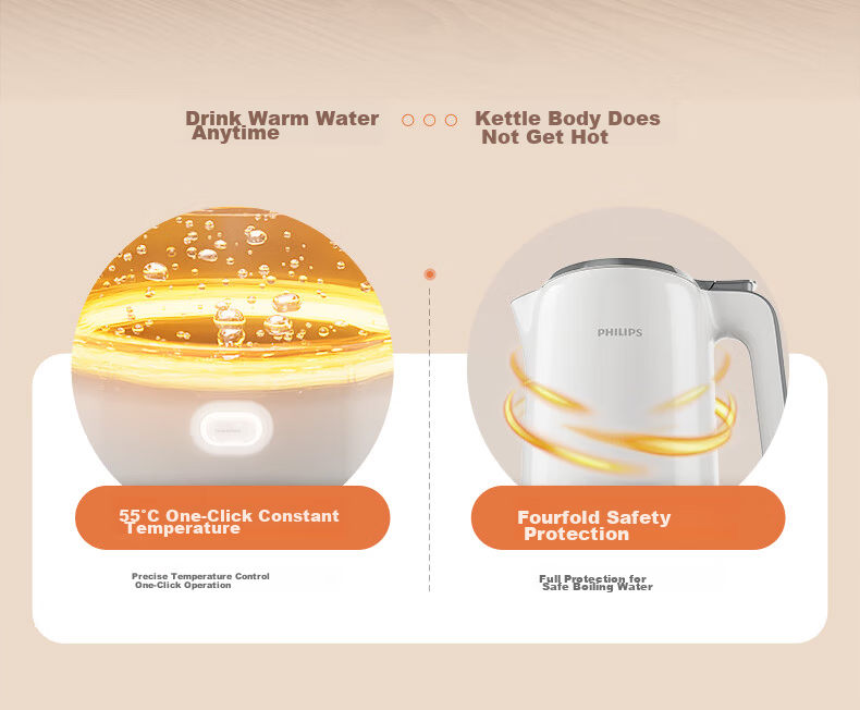 PHILIPS Electric Kettle 1.5L Stainless Steel 304 Food Grade Seamless Auto Shut-Off One-Touch Keep Warm Temperature Control HD9366 Gift 2