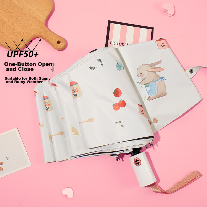 C'mon Fully Automatic Three-Fold Sun and Rain Umbrella UV Protection Sunshade Umbrella for Women Rabbit Kitchen Automatic Umbrella