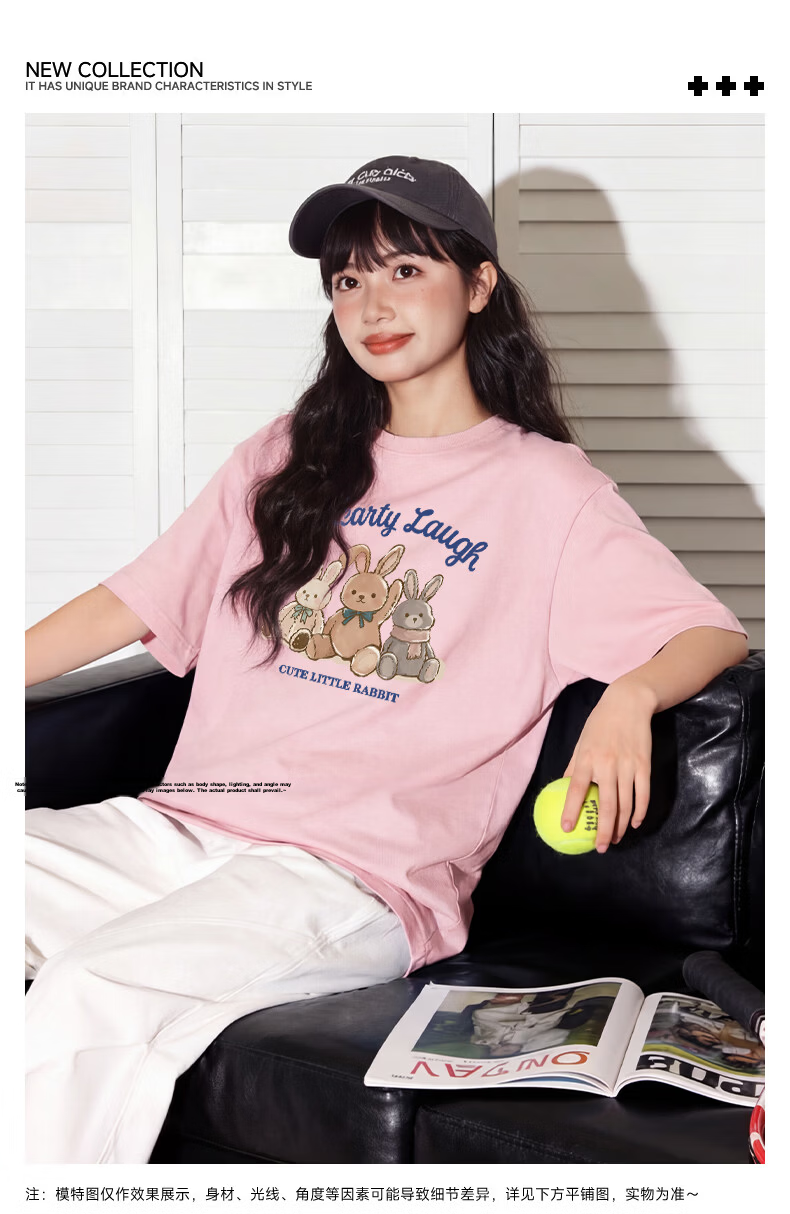 TonLion Women's Pure Cotton Short Sleeve T-Shirt, Round Neck, Loose Fit, Heavyweight Casual Trendy Cartoon Design Sweatshirt 2