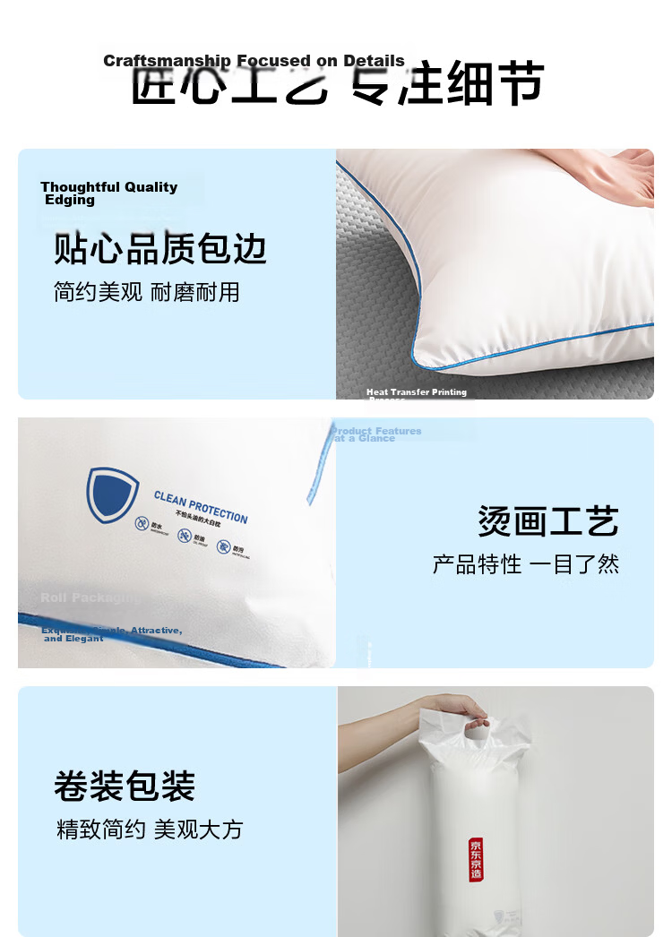 JD Original White Pillow, 100% Healthy Virgin Fiber Class A Antibacterial Pillow Core, Washable Double Pillow, One Pair 12
